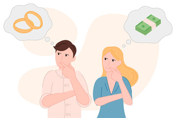 Cartoon flat man thinks about a wedding and a girl thinks about money vector illustration modern style 
