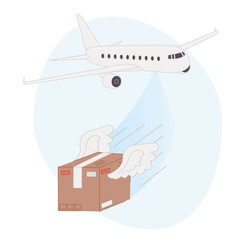 A package with wings quickly flies from an airplane vector illustration cartoon flat design 