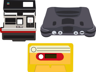icon set of game player camera and old school tape cassette