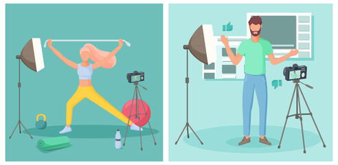 Young people creating video blogs. Vlog concept. Vector illustration. 