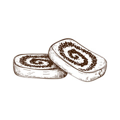hand drawn slices of poppy seed cake or strudel isolated on white. bun or roll filled with poppy seeds set. engraved pastry sketch. Vector illustration of polish traditional dessert. christmas cake.