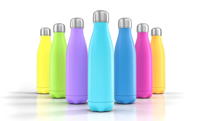stainless steel bottles with different colors on a white background.