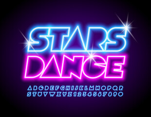 Vector party poster Stars Dance with Blue Neon Alphabet Letters and Numbers. Glowing abstract Font