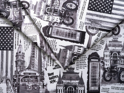 Fabric texture this pattern on USA theme with envelopes, American symbols, architectural landmarks and flag of the United States in retro style. Fabric texture with triangle.