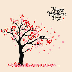 Fototapeta na wymiar Happy valentine's day card with tree, hearts, birds.