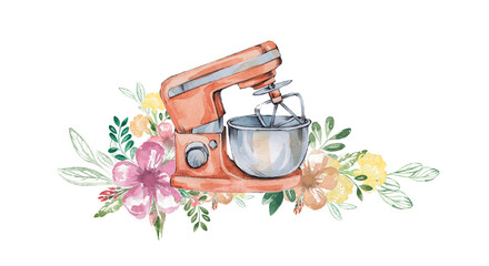 Watercolor mixer with bloom on white background. Composition with watercolor floral elements. For bakery or Women design. Beauty stile. Hand drawn illustration.