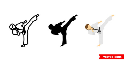 Taekwondo kick icon of 3 types. Isolated vector sign symbol.