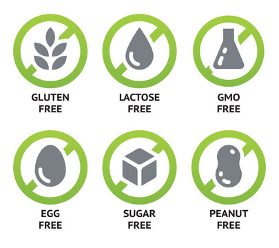Set of vector icons of common allergens (gluten, lactose, eggs, peanut), sugar free and GMO free labels. Round stickers with food intolerance symbols for product packaging