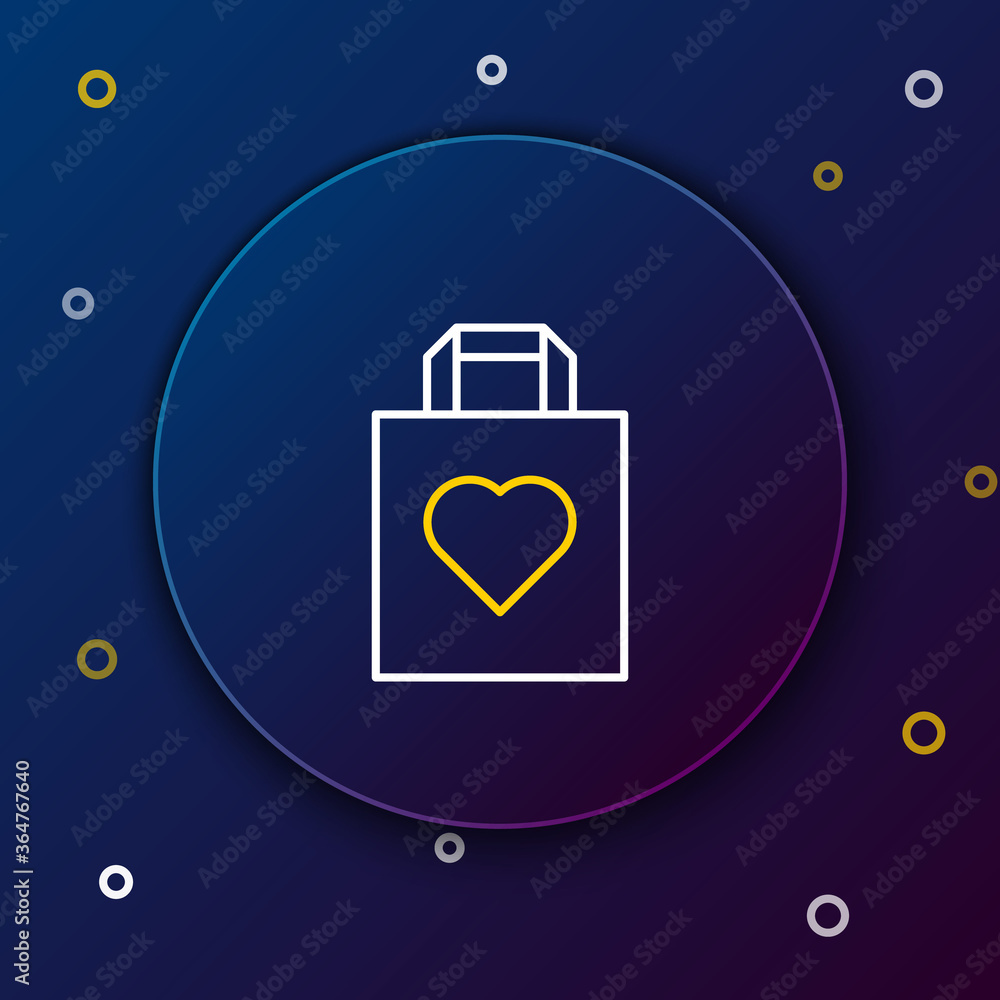 Poster Line Shopping bag with heart icon isolated on blue background. Shopping bag shop love like heart icon. Valentines day symbol. Colorful outline concept. Vector.