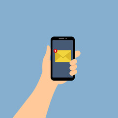 hand holding mobile phone and coming new message notification. closed envelope. flat cartoon style vector illustration	