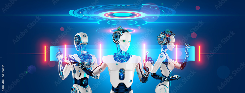 Aufkleber A team of cyborg robots works with a virtual 3d interface in cyberspace. An anthropomorphic bionic Android with artificial intelligence manages a team of workers. The fourth industrial revolution.