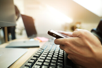 Close up of male hands using cellphone, Gadget and technology concept.