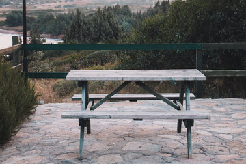 wooden picnic table. table in nature. the greens are behind the table.