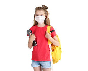 Online education,pupil in mask with backpack and tablet isolated.Schoolgirl,school child on white.