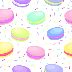 Seamless pattern with colorful macaroons. Summer food print. Pattern design with on white background. Food illustration. Flat style