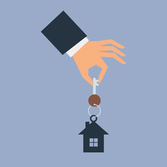 Hand holding a house keychain. Vector illustration. Flat style. Purchase of apartments, moving homes, real estate concept