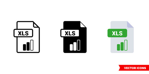 XLS file icon of 3 types. Isolated vector sign symbol.