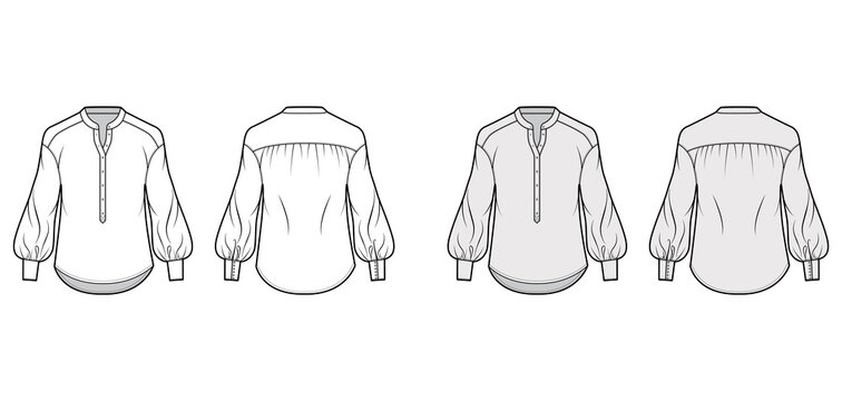Gathered blouse technical fashion illustration with curved mandarin collar, long bishop sleeves with cuff. Flat apparel shirt template front back, white, grey color. Women, men, unisex top CAD mockup
