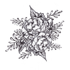 Fototapeta premium Composition of peonies illustration in vintage style. Flowers for your tattoo design