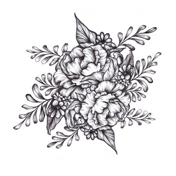 Composition of peonies illustration in vintage style. Flowers for your tattoo design
