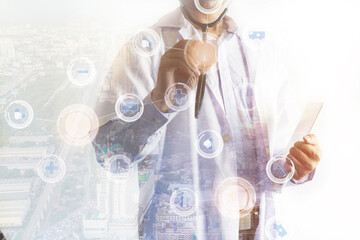 Double exposure of doctor holding stethoscope isolated on white background, Healthcare and Medicine concept