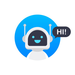 Chat Bot Using Laptop Computer, Robot Virtual Assistance Of Website Or Mobile Applications. Voice support service bot. Online support bot. Vector illustration. - obrazy, fototapety, plakaty