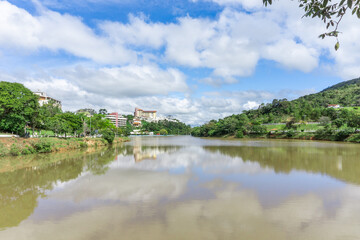 Fototapeta premium Lake reflected a building in a beautiful and calm place