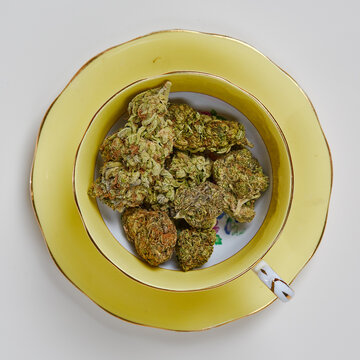 Cannabis buds in a yellow teacup