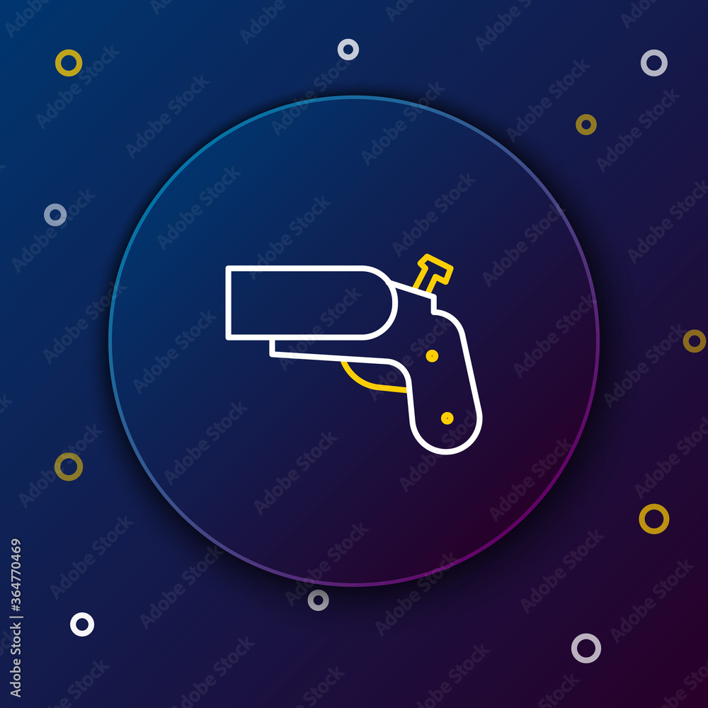 Poster Line Flare gun pistol signal sos icon isolated on blue background. Emergency fire shoot target smoke. Orange 911 launcher. Colorful outline concept. Vector.