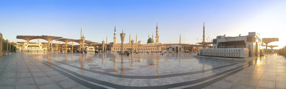 Madinah, Saudi Arabia - January 20,2020 : Panaroma view of Nabawi Mosque in Madinah, Saudi Arabia. Selective focus
