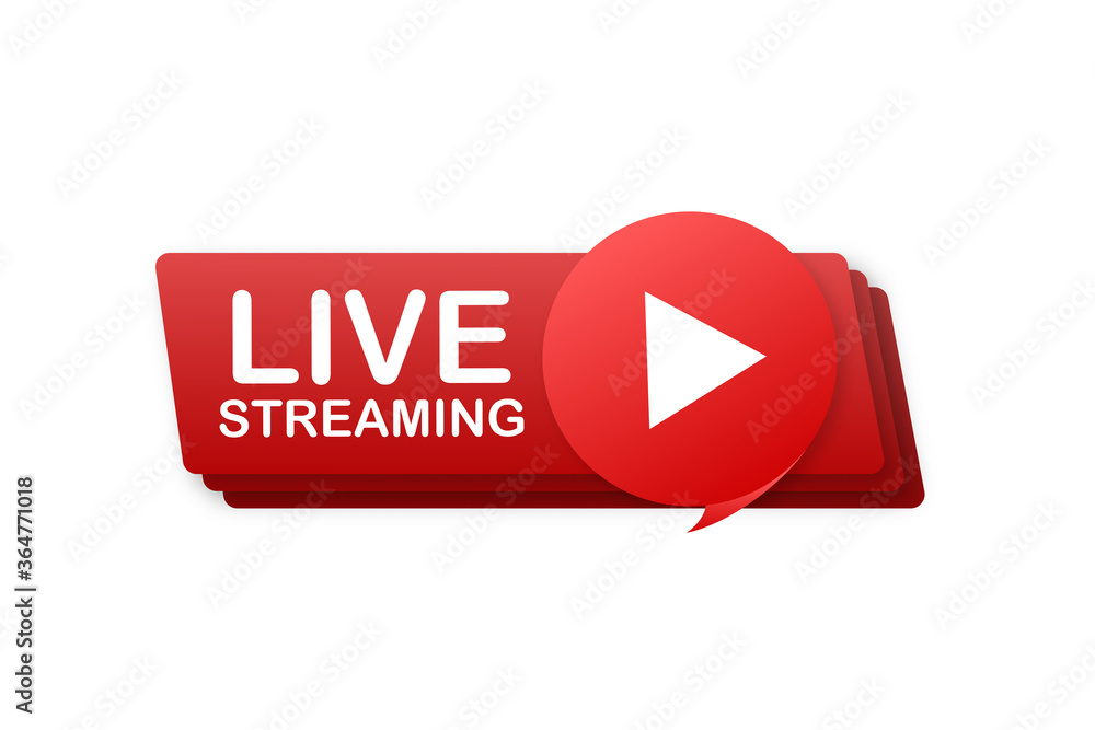 Poster live streaming flat logo - red vector design element with play button. vector illustration
