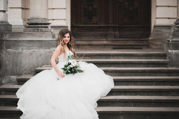 Fototapeta premium Beautiful fashion bride in wedding dress posing