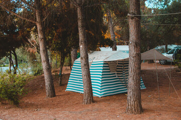 tents in the camping area. camping new normal new vacation. Camping tent in tree area.