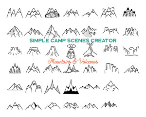 Simple vector mountains icons shapes set. Logo creation kit. Outdoor adventure line art mountain elements bundle. Silhouette linear concept. Stock vector collection