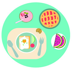 Breakfast egg sandwich and fruit pie, vector graphics