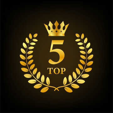 Top 5 label. Golden laurel wreath icon. Vector stock illustration.