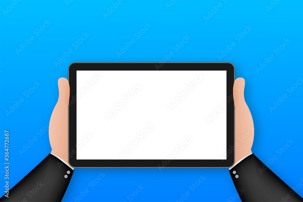 Sticker Hand on tablet in cartoon style. Using digital tablet pc. Vector stock illustration.