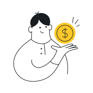Businessman holding a dollar, gold coin. Profit, wages, salary, income, cash, value or banking concept. Flat line isolated clean vector illustration on white.