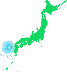 怒っている台風とクレヨン画の日本列島