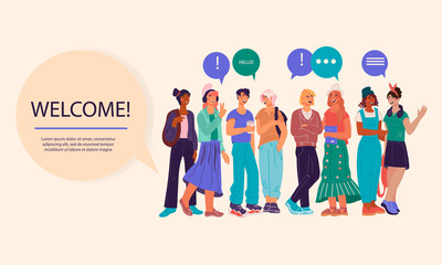 Fototapeta premium Welcome to university or college banner template with group of students. Back to school, college or university poster or cover teenagers on background, flat vector illustration.
