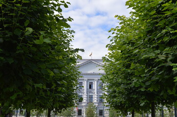 White palace between trees.