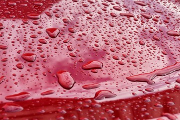 Rain drops on a red glossy surface