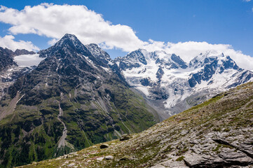 Obraz premium Piz Roseg, Piz Scerscen, Wanderweg, Fuorcla Surlej, Murtèl, Corvatsch, Gletscher, Piz Bernina, Tschierva Gletscher, Piz Tschierva, Engadin, Alpen, Graubünden, Sommer, Schweiz
