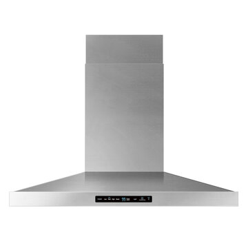 Kitchen Hood Isolated on White Background. Front View of Island Ventilation. Cooking Canopy. Stainless Steel Fume Extractor. Front View of Rangehood. Kitchen Appliances. Extractor Fan