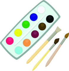 Set of watercolor paints and brushes for painting and creative work. design elements of the school, vector illustration