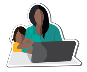 mother work at home with laptop and baby child hug. picture for web or print. for website. mom with kid