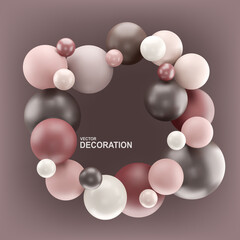 Vector abstract background with 3d spheres. Frame with balloons in pastel color. Element for design, banner.