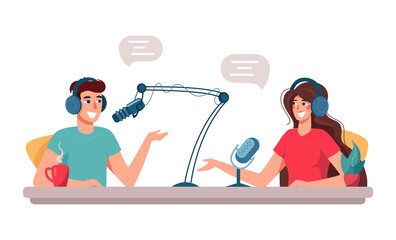 Cute man and woman are DJs on the radio. Leading podcasts with a microphone talking live in the studio. Vector characters isolated on white. For web banner, infographic, landing pages