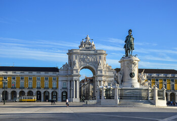 Commerce square (Praca do Comercio) with Rua Augusta Arch and statue of King Jose I in Lisbon, Portugal
