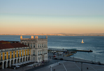 Commerce square (Praca do Comercio) from Rua Augusta Arch fabulous viewpoint, at dawn, in Lisbon, Portugal